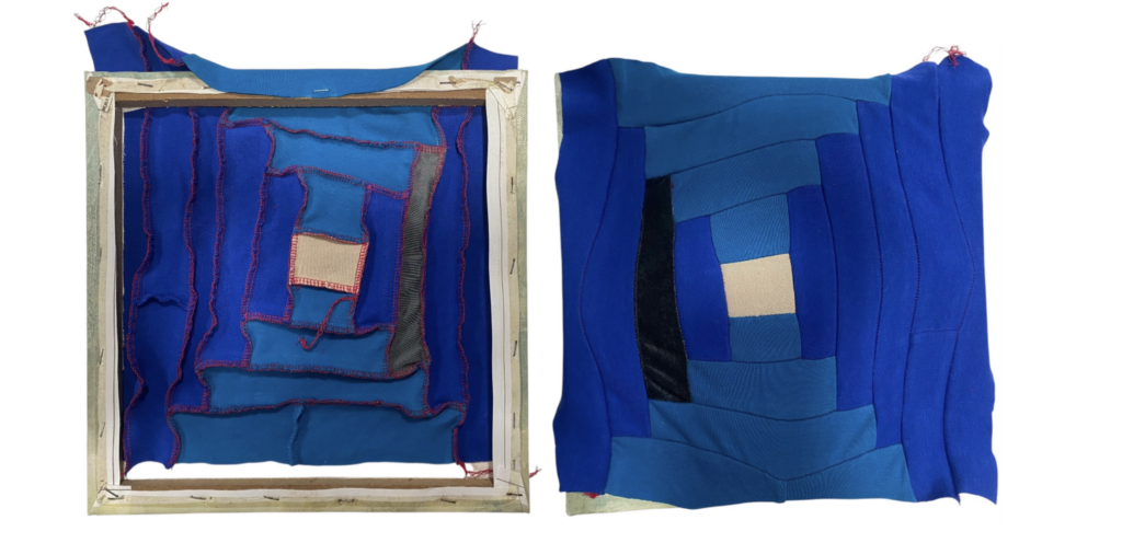 images of a blue patchwork tshirt quilt block behind a wood frame and in front of it